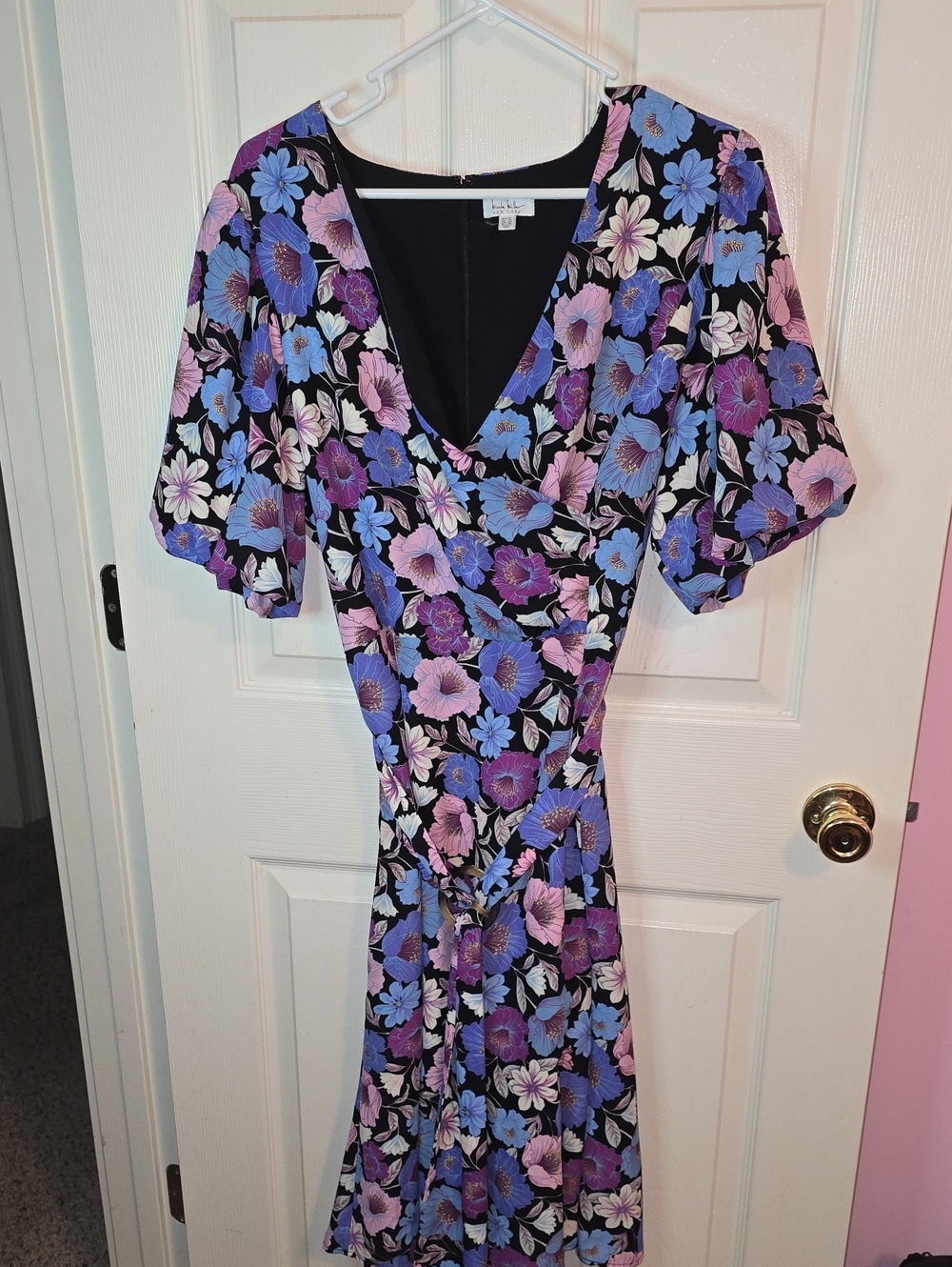 Nicole Miller Black Floral Midi Dress with Blue & Purple Blooms